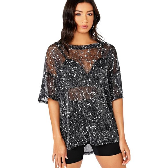 🆕 Women Black Glitter Sheer Tops Mesh Tee Short Sleeve Blouse Through T Shirts - Picture 1 of 5